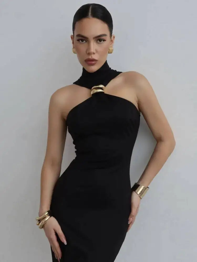 Turtleneck Off-Shoulder Backless Maxi Dress