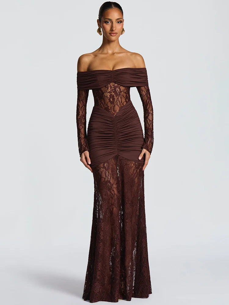 Off-Shoulder Lace Backless Maxi Dress