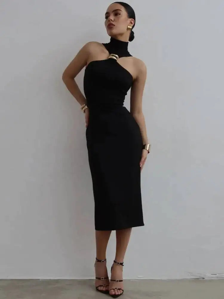 Turtleneck Off-Shoulder Backless Maxi Dress
