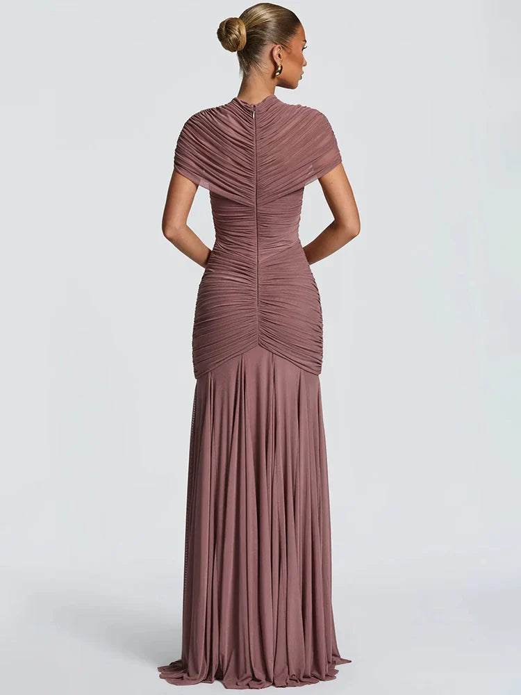 Ruched Turtleneck Hollow-Out Maxi Dress