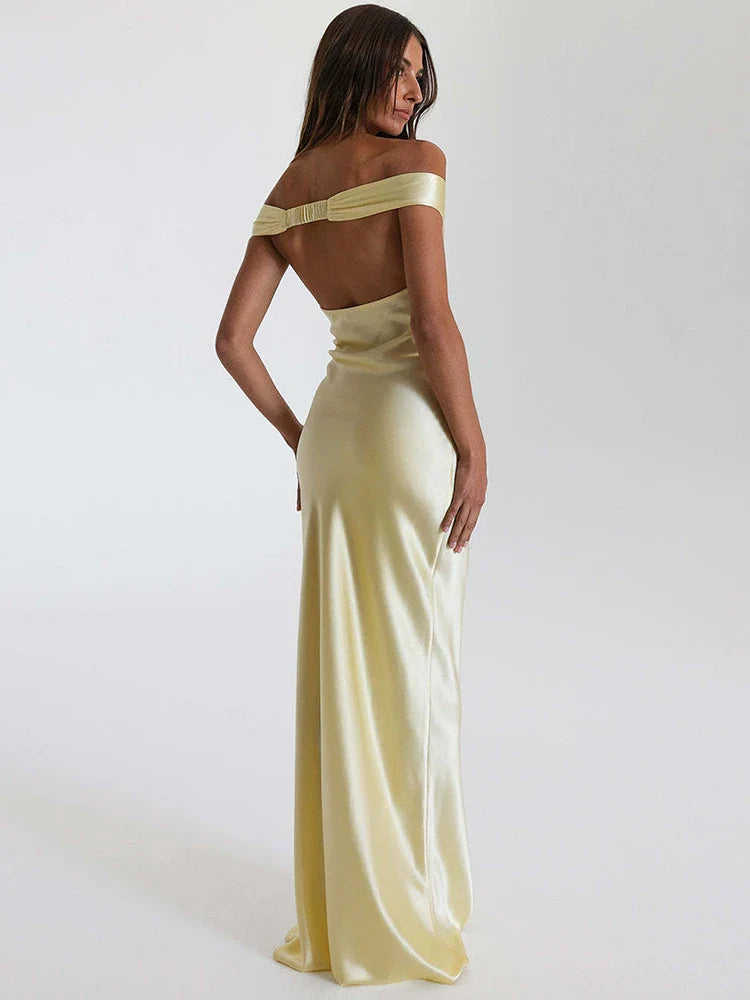 Satin Off-Shoulder Backless Maxi Dress