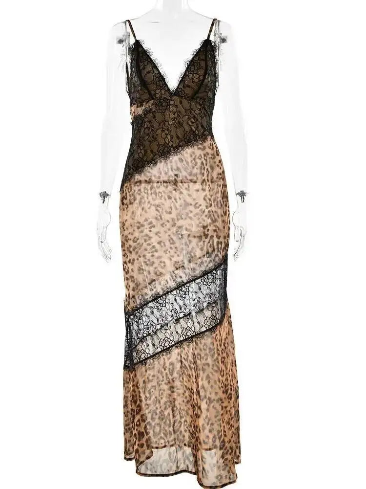 Leopard Spaghetti Strap Backless Maxi Dress