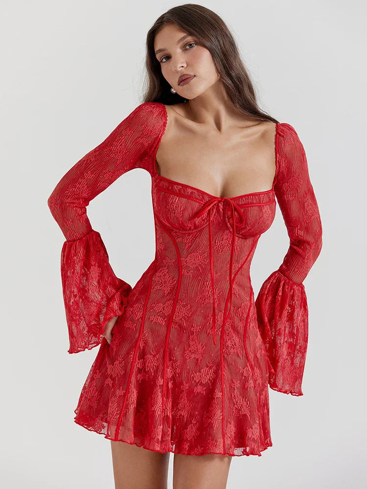 Lace Print Flare Sleeve Backless Maxi Dress