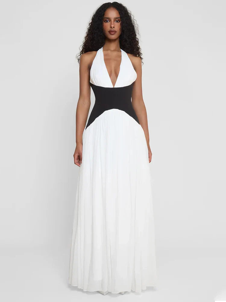 Halter Deep V Backless Patchwork Maxi Dress