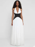 Halter Deep V Backless Patchwork Maxi Dress