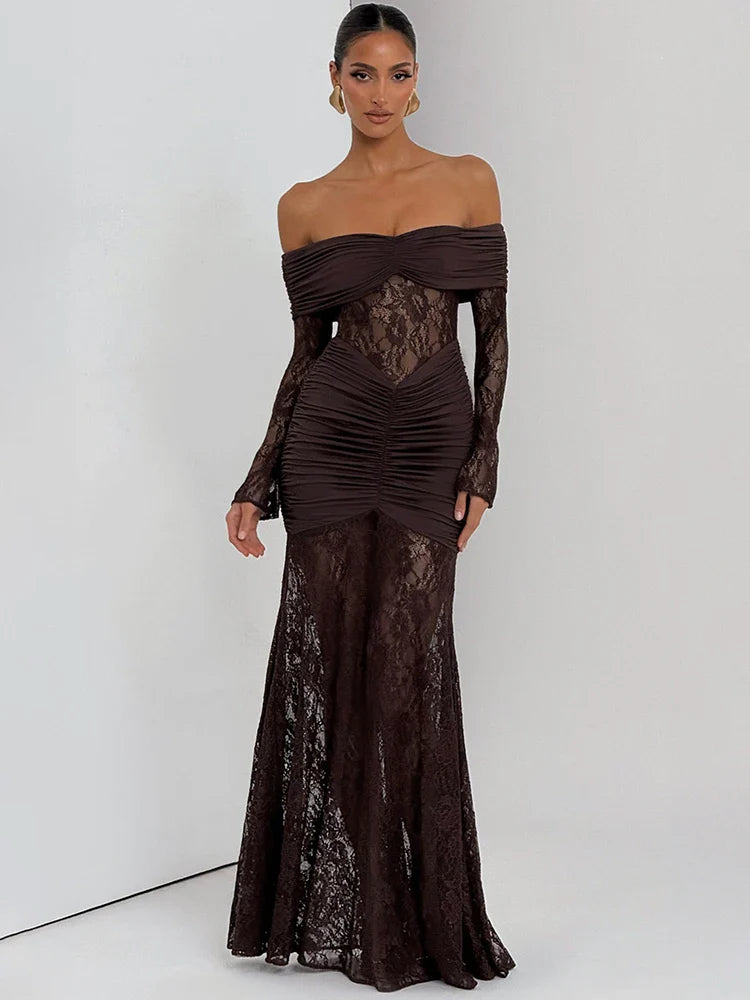 Off-Shoulder Lace Backless Maxi Dress