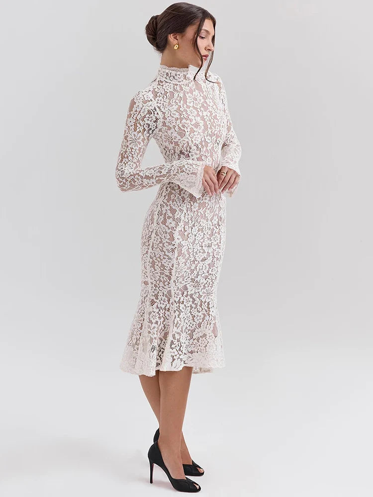 Elegant White Long Sleeve Midi Dress