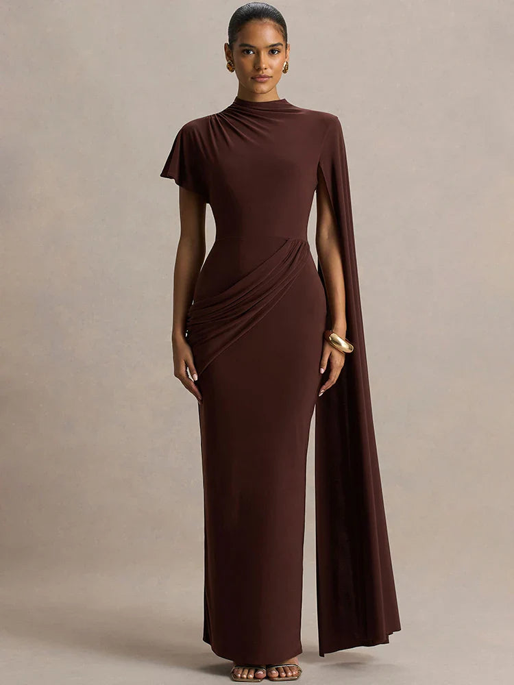 One Cape Sleeve Ruched Maxi Dress