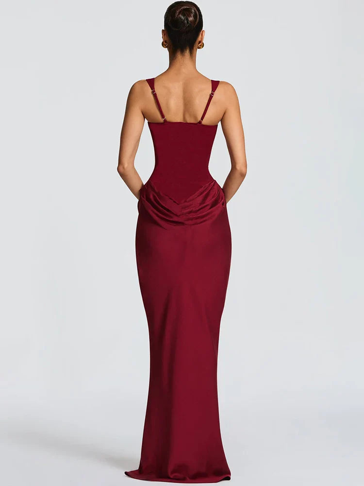 Square Collar Ruched Backless Maxi Dress