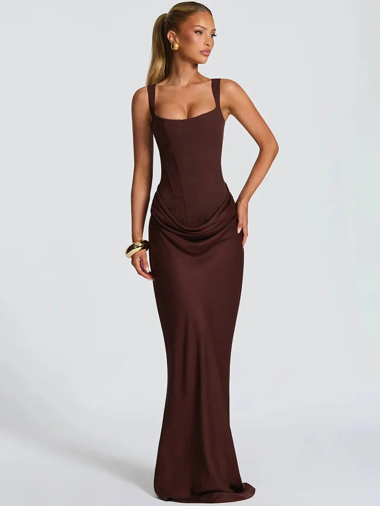 Square Collar Ruched Backless Maxi Dress